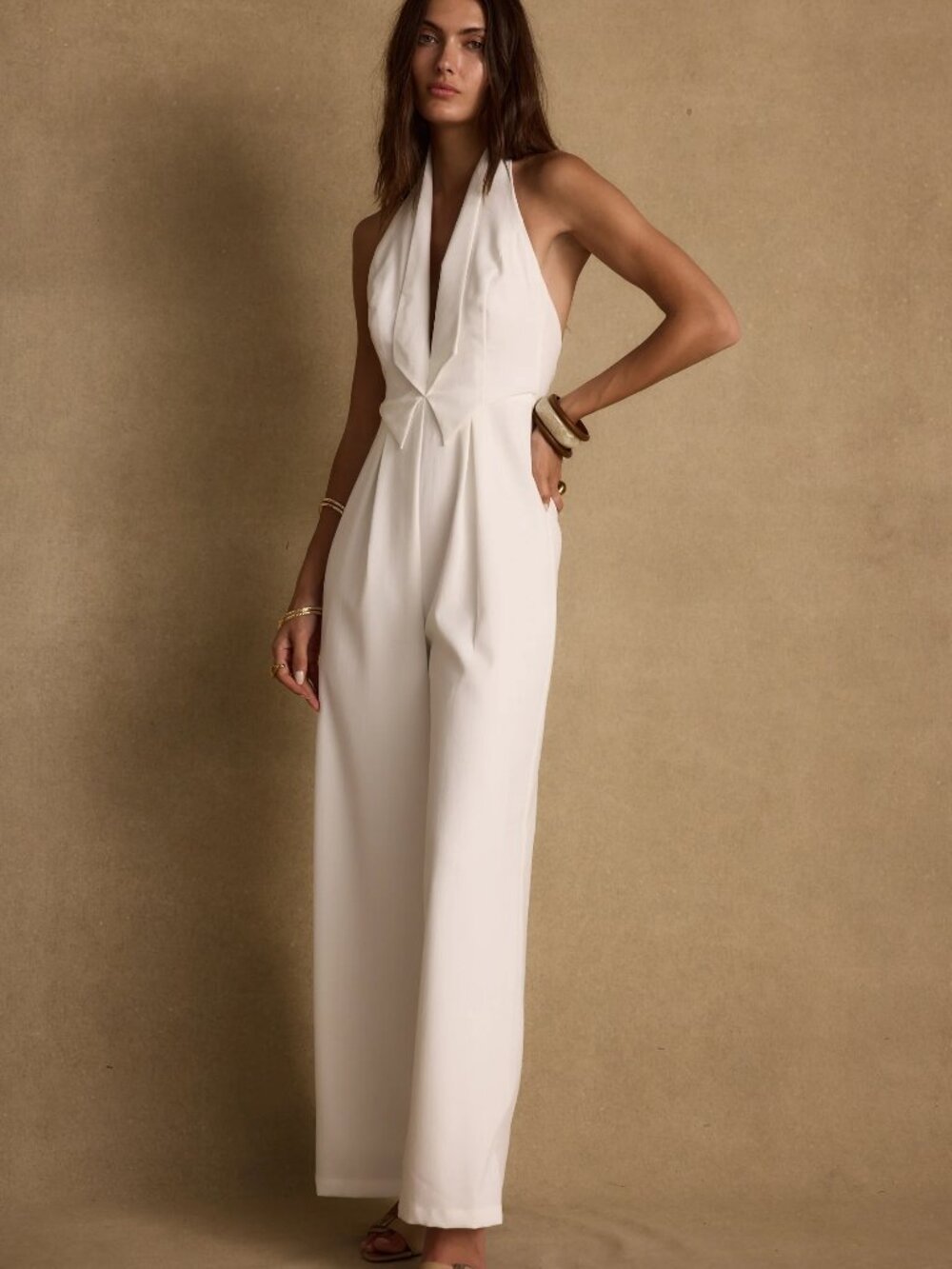 Bridal Era! Astoria White Plunge Halter Tailored Jumpsuit